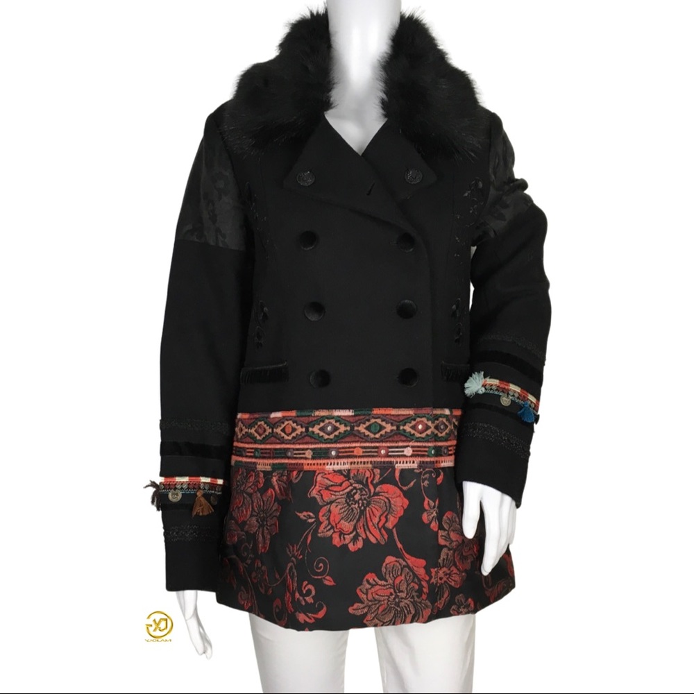 NWT Desigual Women's Black Coat Washington Colorful Motives Floral Sz 46